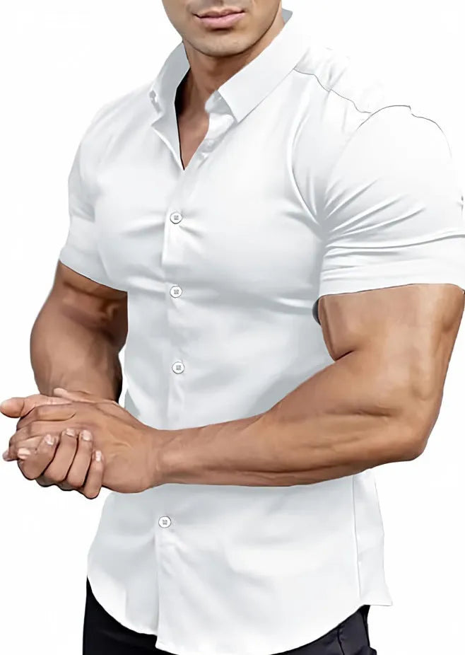 Men's brown short sleeve casual printed shirt with a collar on a hanger.