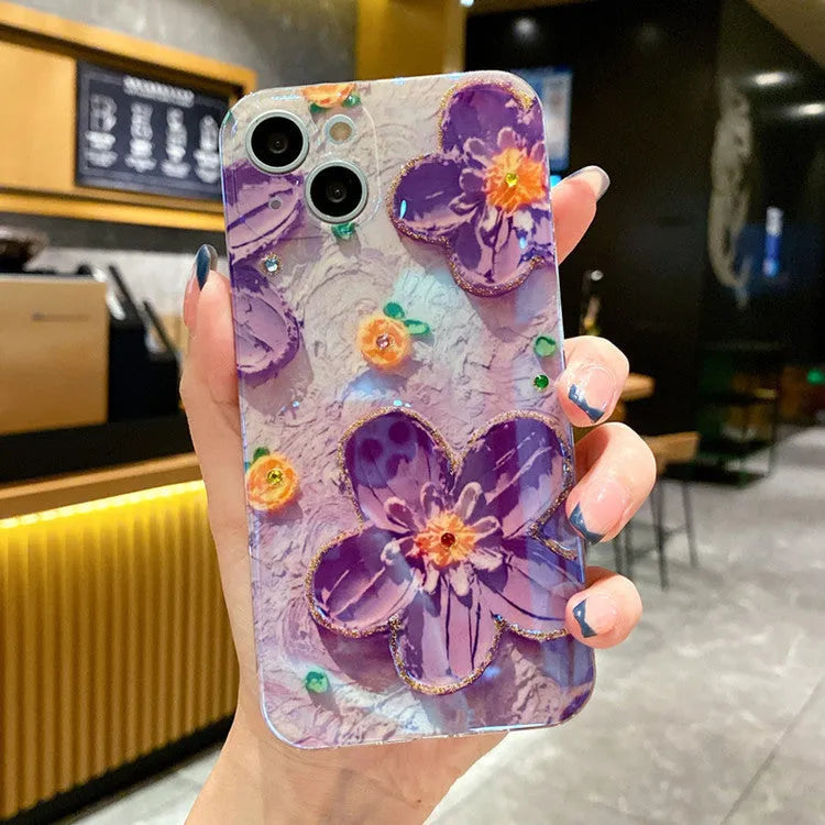 Yellow soft silicone phone case with oil painting floral design and rhinestone decorations