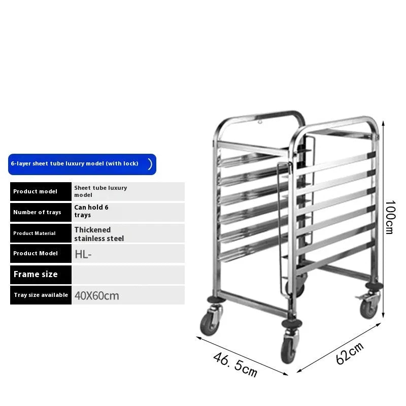 Stainless steel six-layer baking tray rack for 40x60cm sheets in a commercial kitchen.