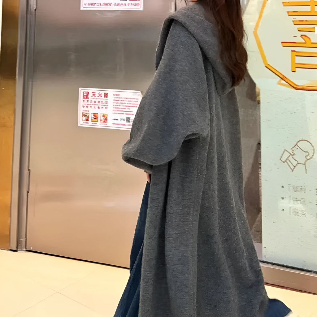 Korean style long below-knee hooded cardigan for women in a loose fit, shown in beige.