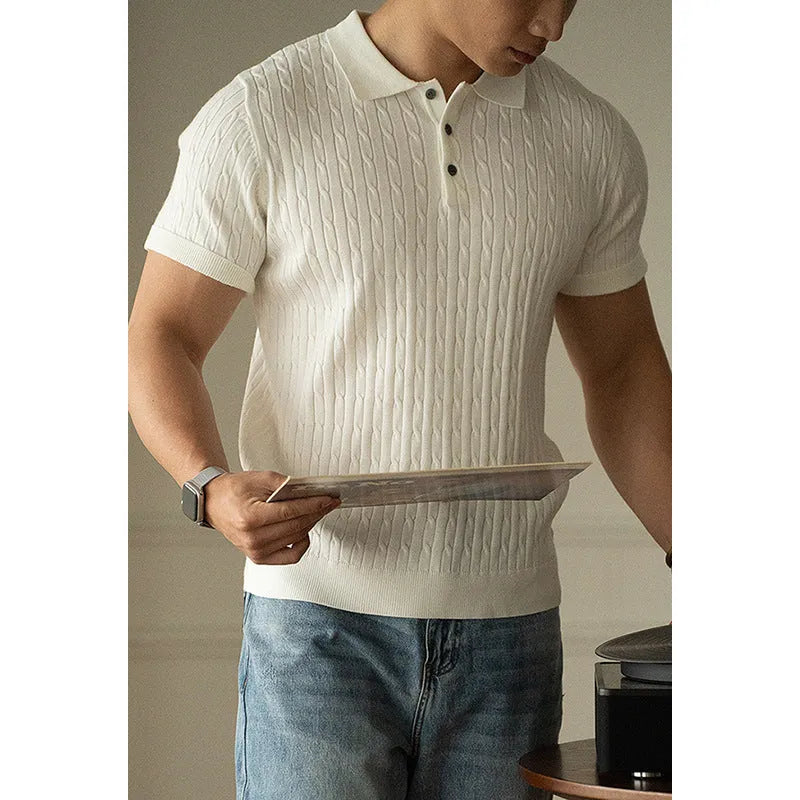 Men's khaki short sleeve casual top for business wear on a grey background