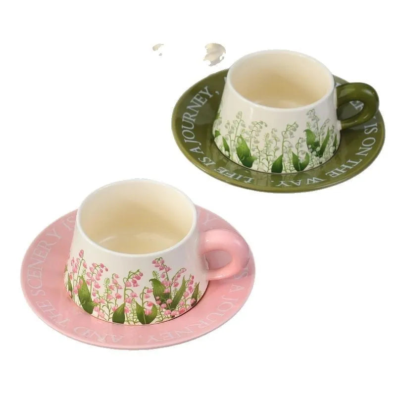 Ceramic couple's coffee cup set with saucers and spoons in Campanula or Lanling Grass designs
