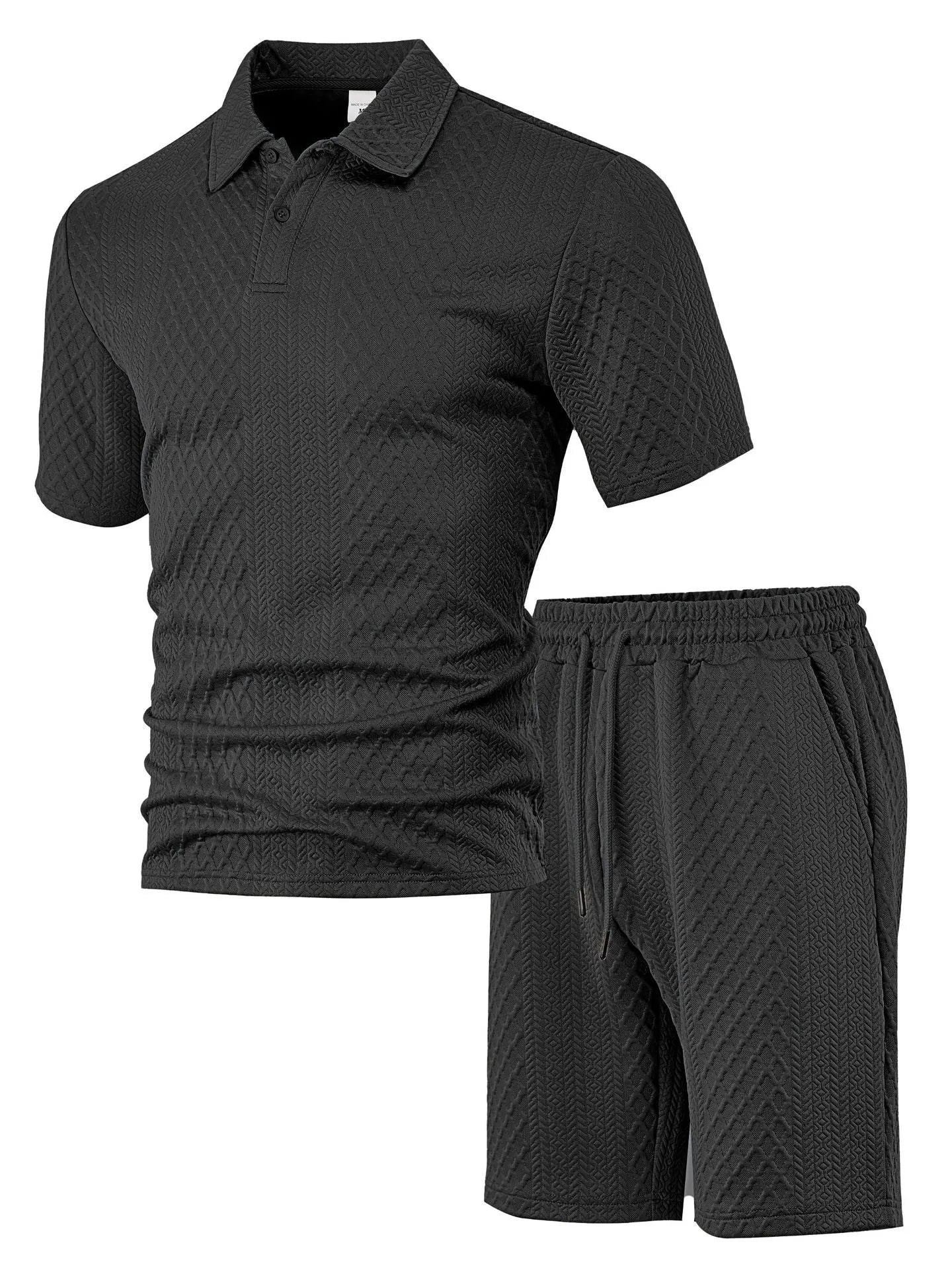 Men's patterned polyester casual suit set with short sleeve polo top and matching trousers