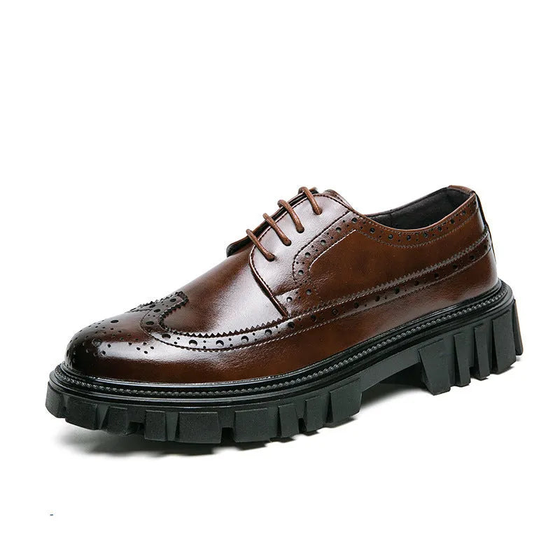 Men's black and brown business brogue shoes with round toe and artificial PU upper