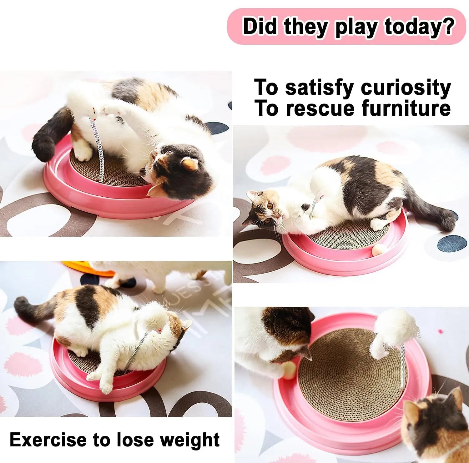 Circular blue cat scratcher with ball track and replaceable centre pad for furniture protection