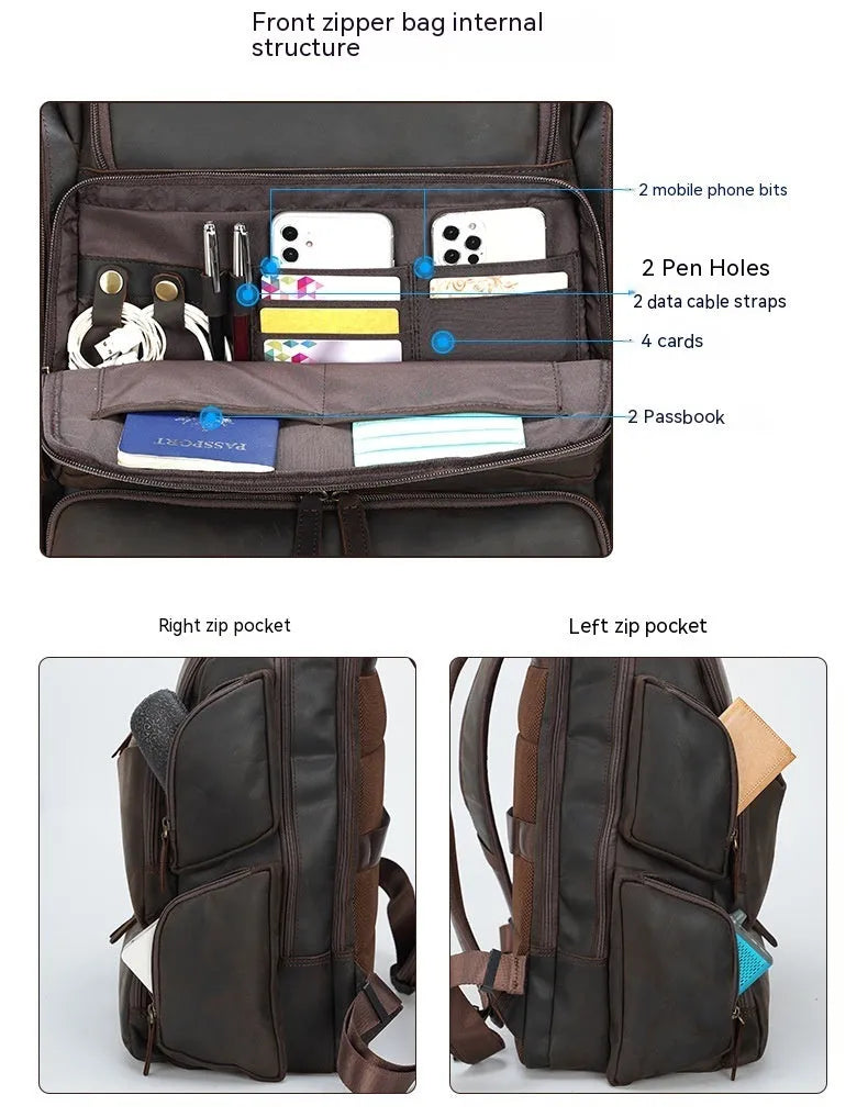 Dark brown retro crazy horse leather men's backpack open to show 17-inch laptop compartment and internal pockets.