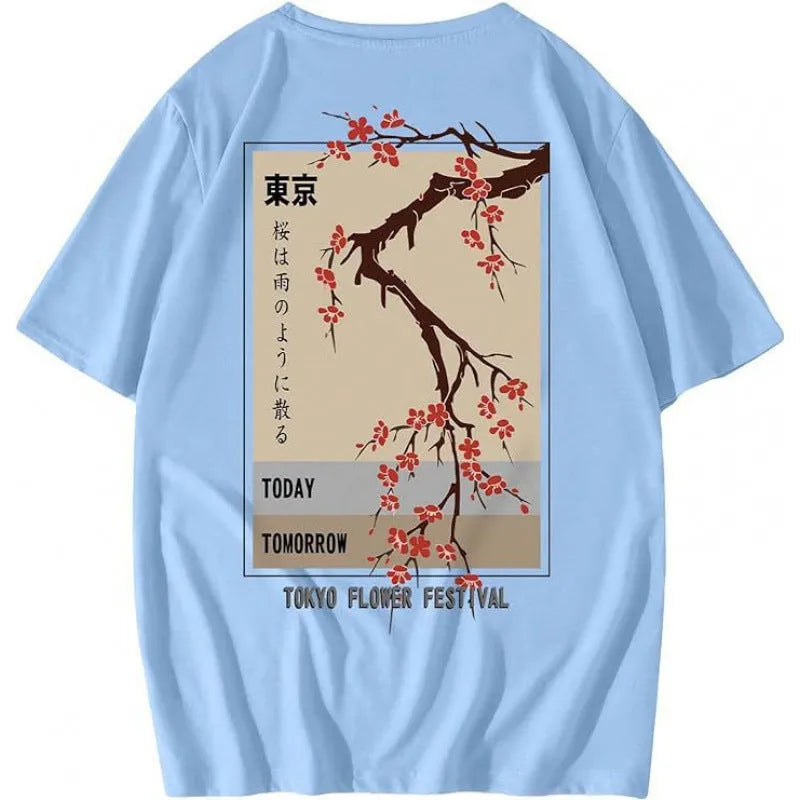 Men's short-sleeved printed street t-shirt on a hanger, showing digital print pattern on polyester fabric.