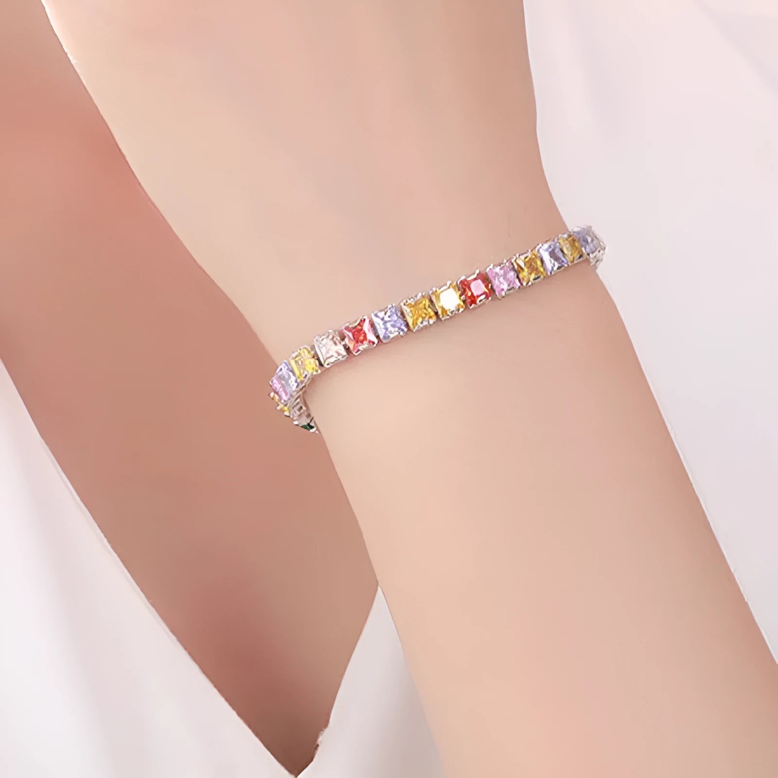 Women's square diamond bracelet with electroplated platinum finish and geometric design