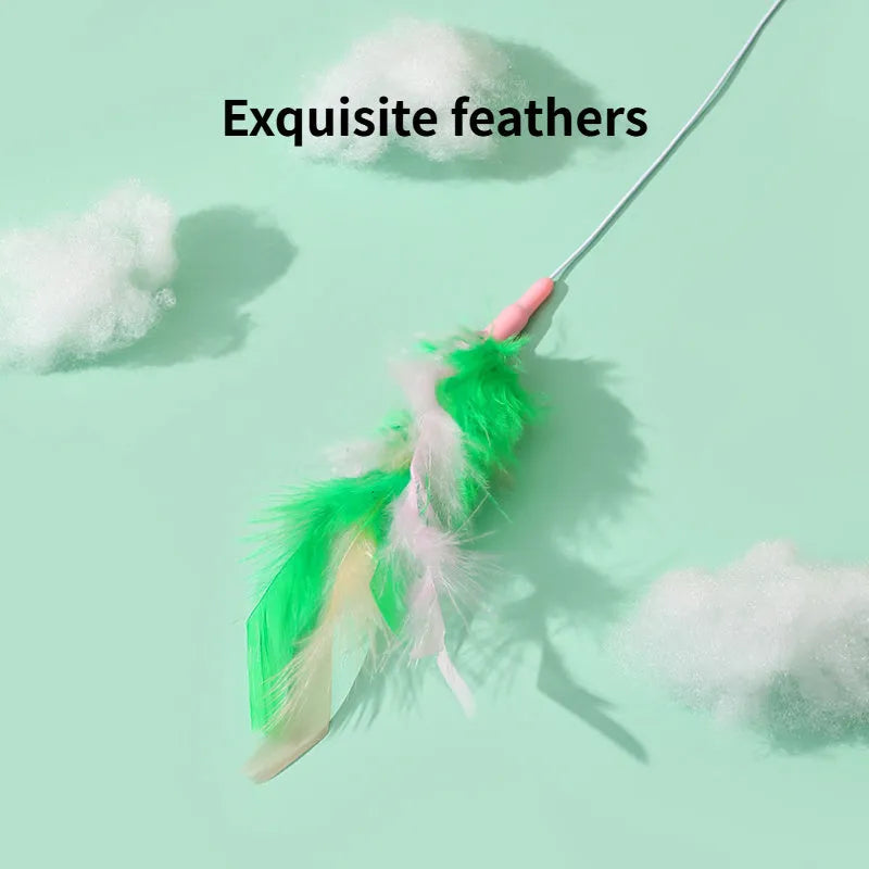 Green interactive cat feather wand toy with bell attachments for feline exercise and training