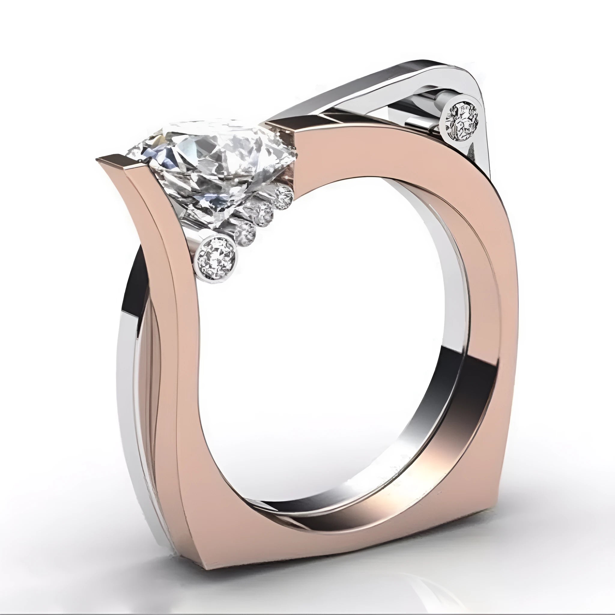 Rose gold electroplated geometric couple ring with zircon inlay shown in women's sizes 6-10