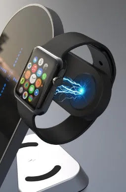 Black multifunctional alarm clock wireless charger showing digital display and charging pads for phone, watch, and earbuds