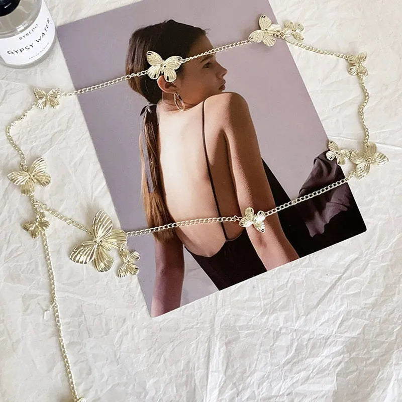 Golden butterfly waist chain jewellery for women with 104cm length and alloy construction