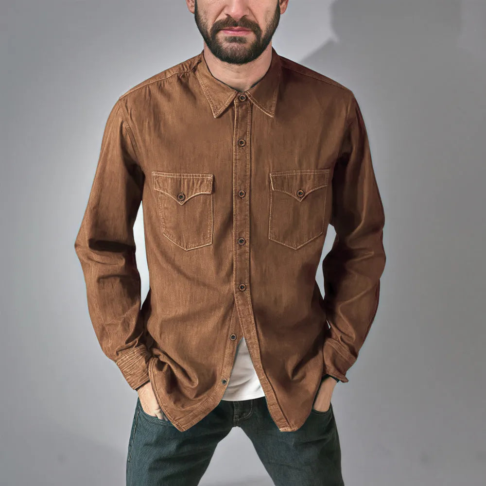 A regular-fit denim cardigan coat shown in khaki, available in sizes from Small to 3XL.