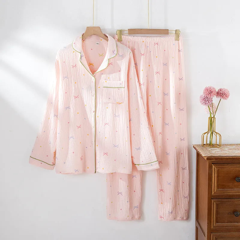 Women's long-sleeved cotton pyjama set in lightweight fabric available in pink or beige