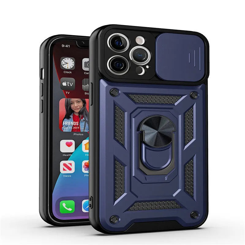 Sergeant sliding window magnetic phone case in blue for iPhone, showing the integrated bracket.