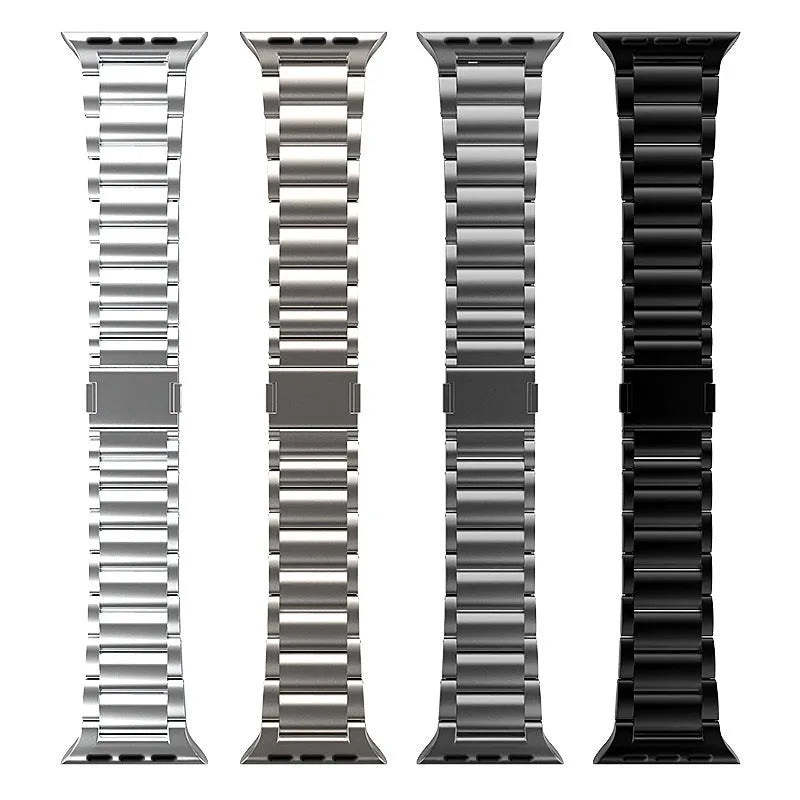 Titanium alloy magnetic snap watch strap for Apple Watch in silver colour on a wrist