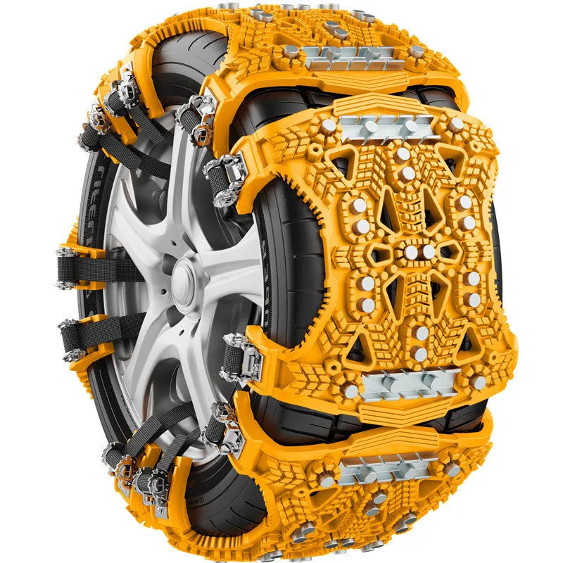 Universal car and SUV anti-skid chain with steel plates, snow shovel, and tools in black or yellow.