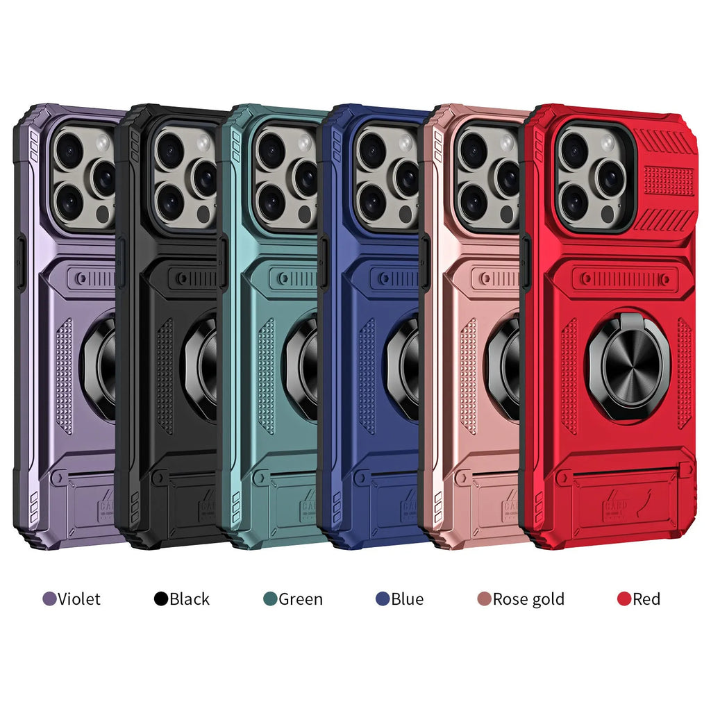 Black TPU PC metal phone case with hidden card slot and magnetic bracket for iPhone 15 Pro Max