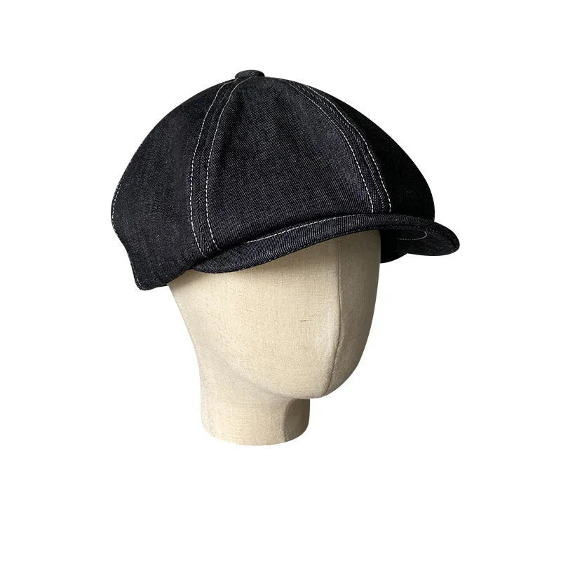Black Japanese denim cotton beret with octagonal flat cap design