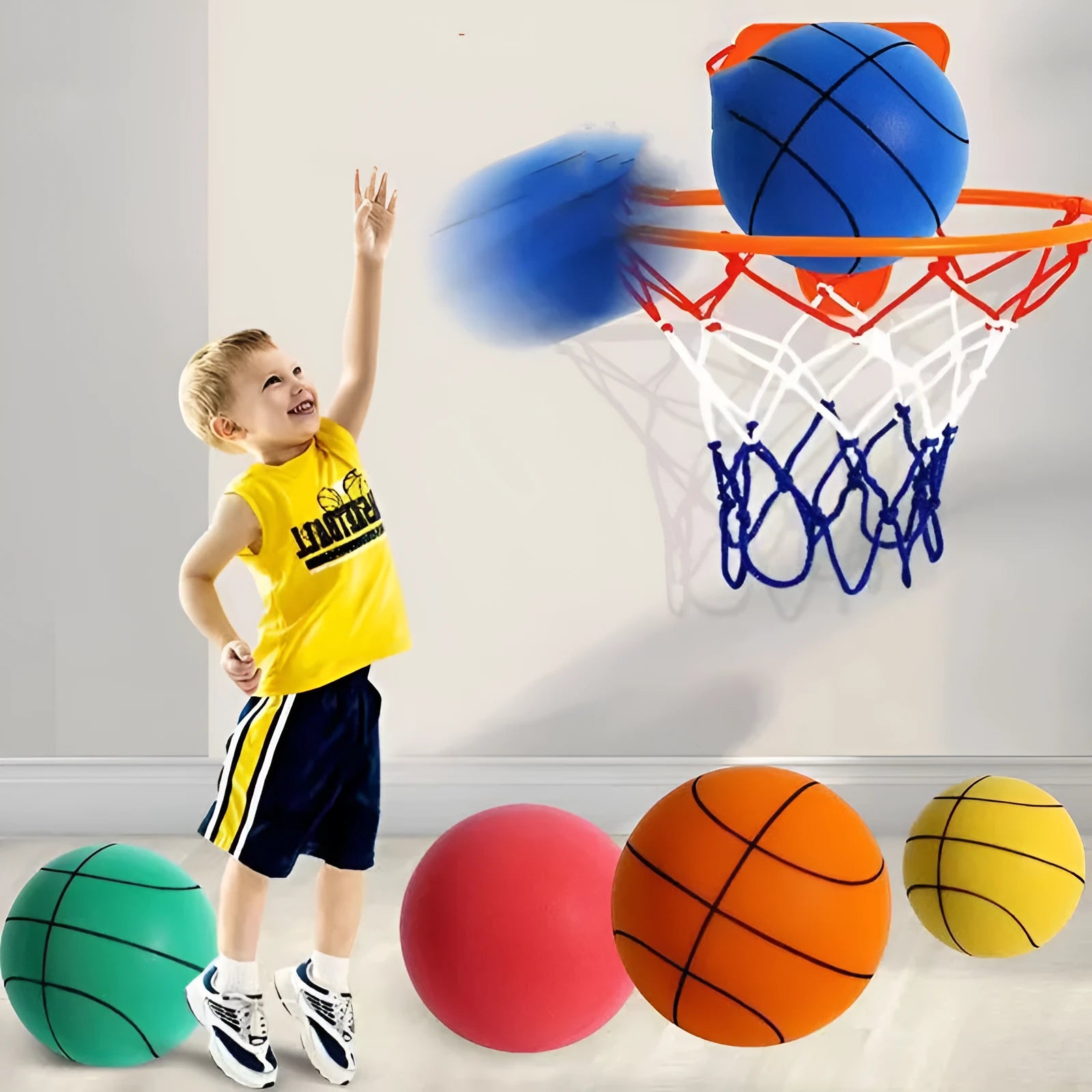 Silent high-density foam basketball in assorted bright colours showing bounce height and size comparison