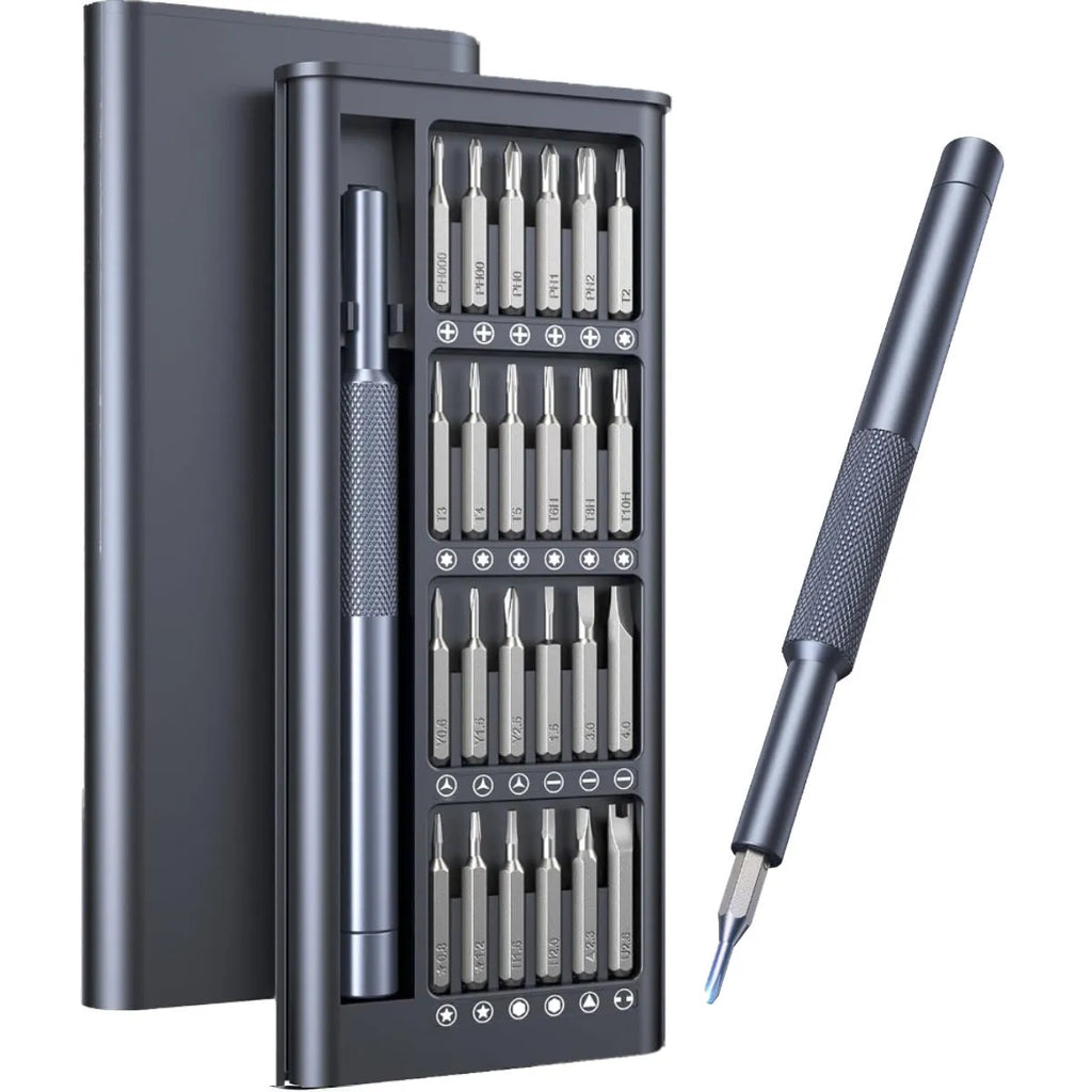 25-in-one magnetic precision screwdriver set with knurled black handle and chrome vanadium steel bits