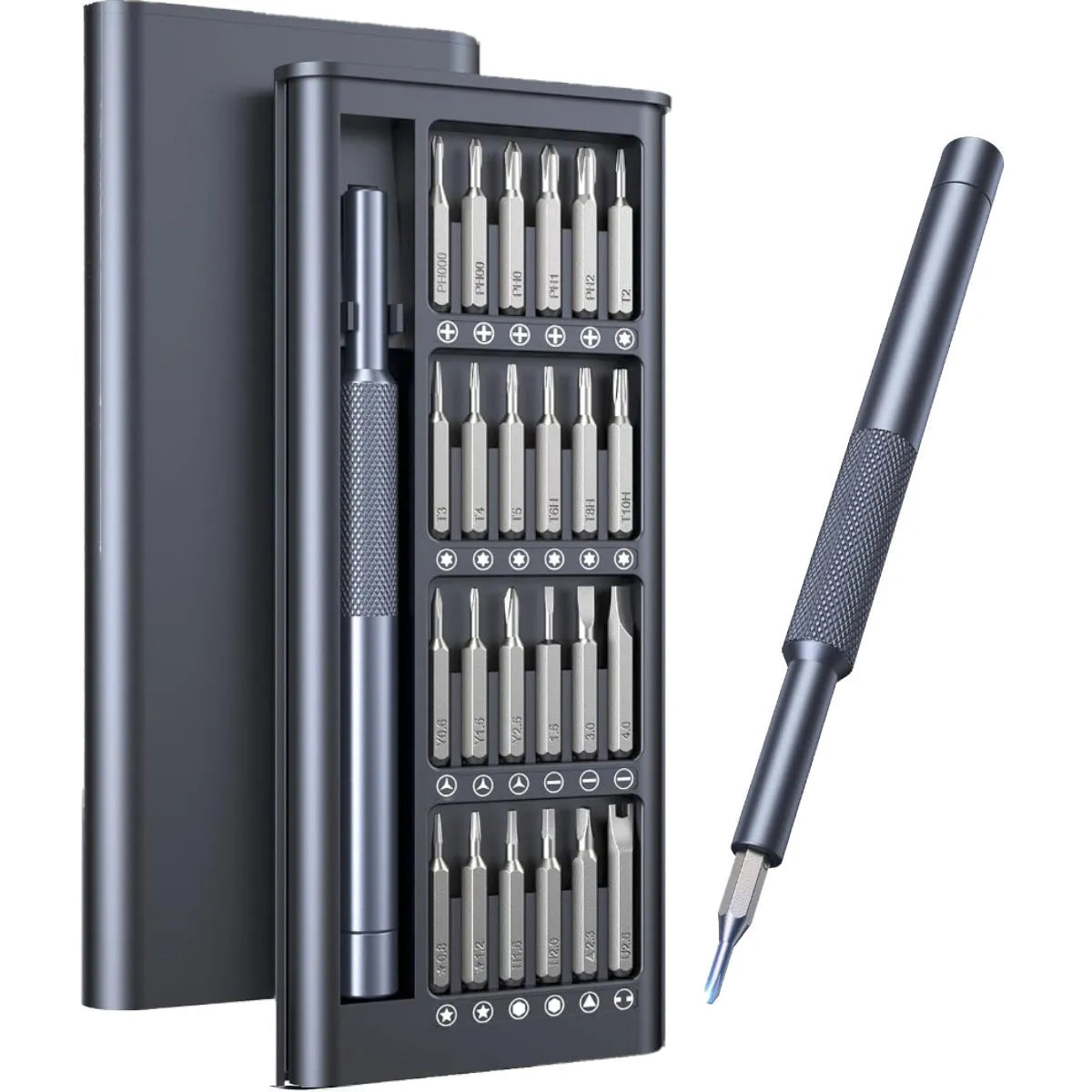 25-in-one magnetic precision screwdriver set with knurled black handle and chrome vanadium steel bits