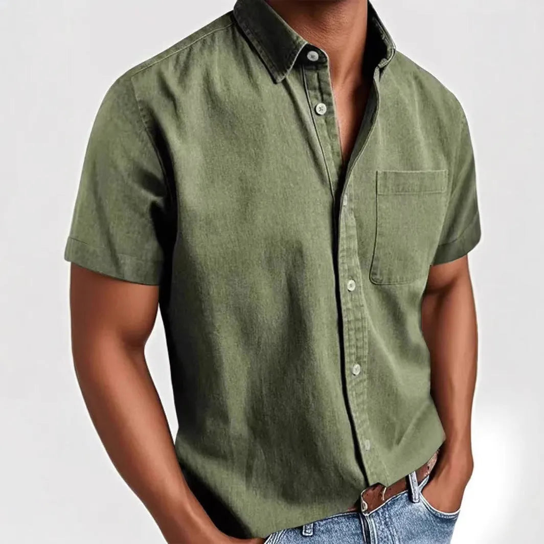 Men's loose fit short sleeve cardigan shirt in a cotton blend fabric on a hanger