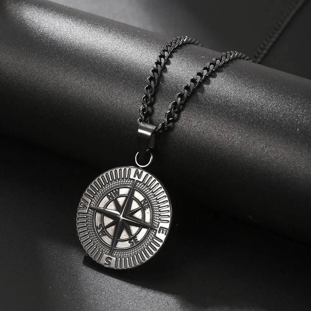 Titanium steel compass pendant necklace in gold, silver and black colours with regular chain