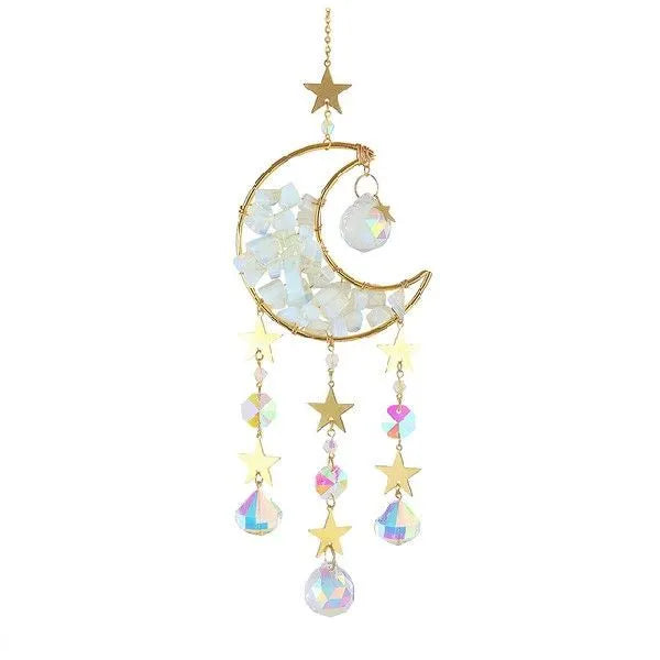 Moon-shaped K9 crystal car pendant hanging from a metal chain, available in blue, green, pink, purple, and white.