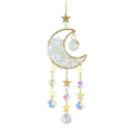 Moon-shaped K9 crystal car pendant hanging from a metal chain, available in blue, green, pink, purple, and white.