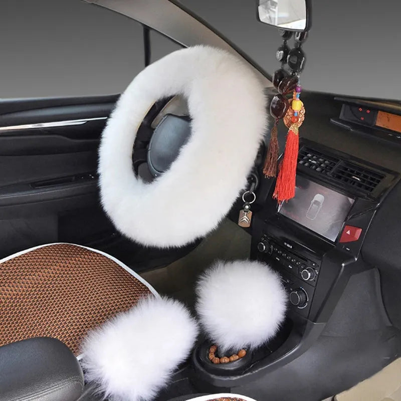 Wool steering wheel cover and handle covers three-piece set in multiple colour options for 38cm diameter wheels