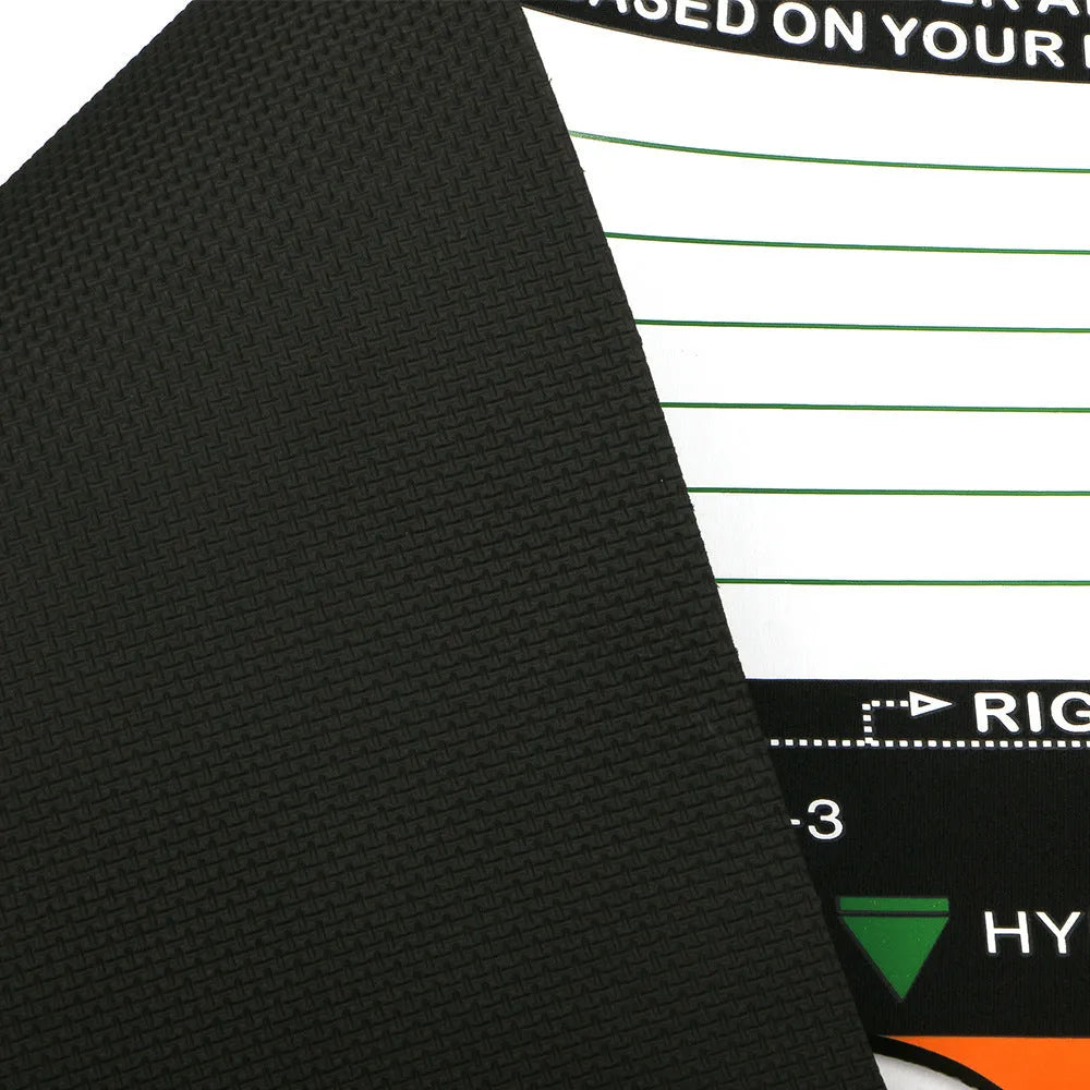 Black neoprene golf swing posture correction pad for stance alignment practice.