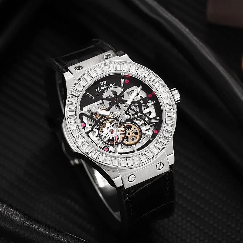 Automatic mechanical men's watch with skeleton dial, diamond studs, and white steel case.
