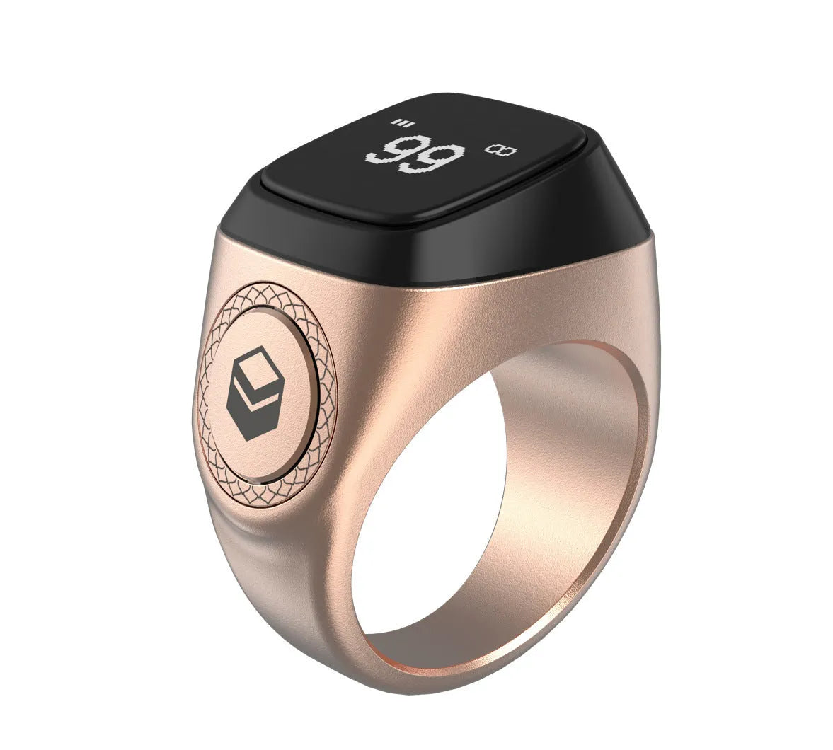 Silver smart ring with a small OLED screen displaying numbers, shown next to its charging case.