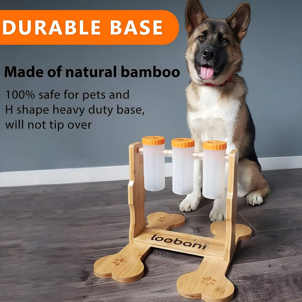 Wooden dog puzzle toy snack dispenser feeder with treat compartments.