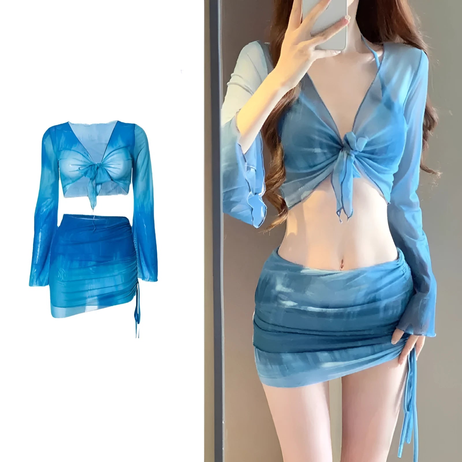 Women's blue four-piece bikini swimsuit set with high-waisted briefs, shirt, and skirt on mannequin