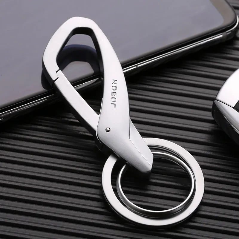 Zinc alloy double-ring keychain for waist attachment in black, chrome, or nickel colours