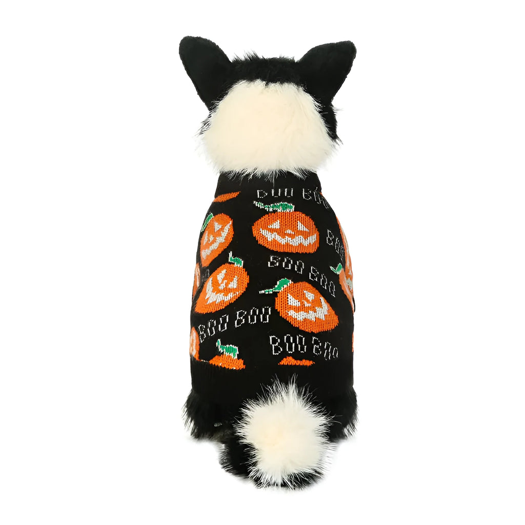 Black dog sweater with orange Halloween pumpkin pattern, shown in multiple sizes