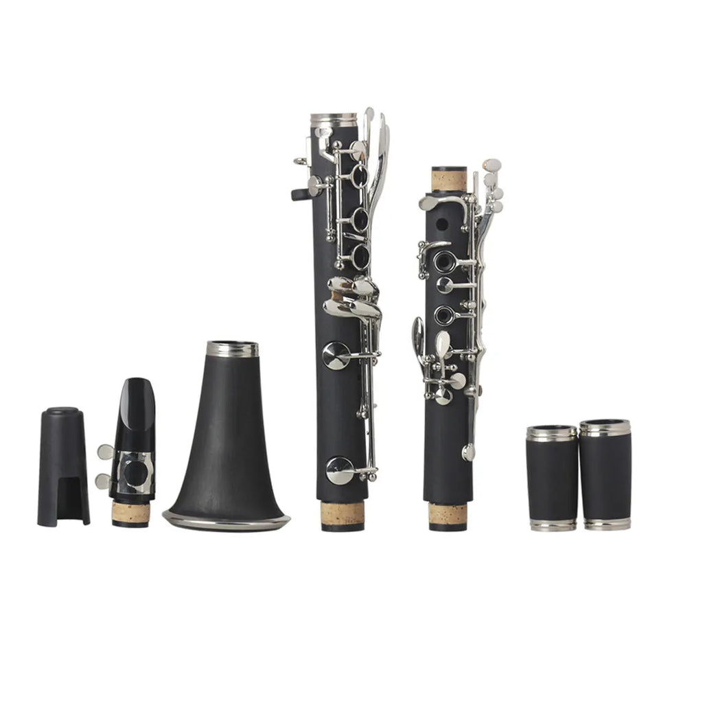 Black bakelite beginner clarinet with nickel keys and carrying bag for student musicians
