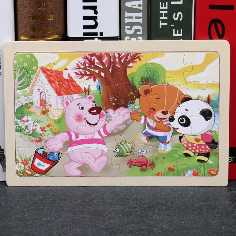 80-piece wooden animal puzzle set in iron box, designed for children aged 3 and over, featuring bear and riding themes