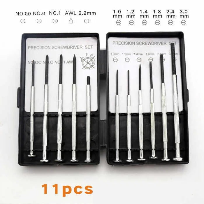 TH-6177 11-piece clock and electronics screwdriver set with cross and slotted bits on a white background.