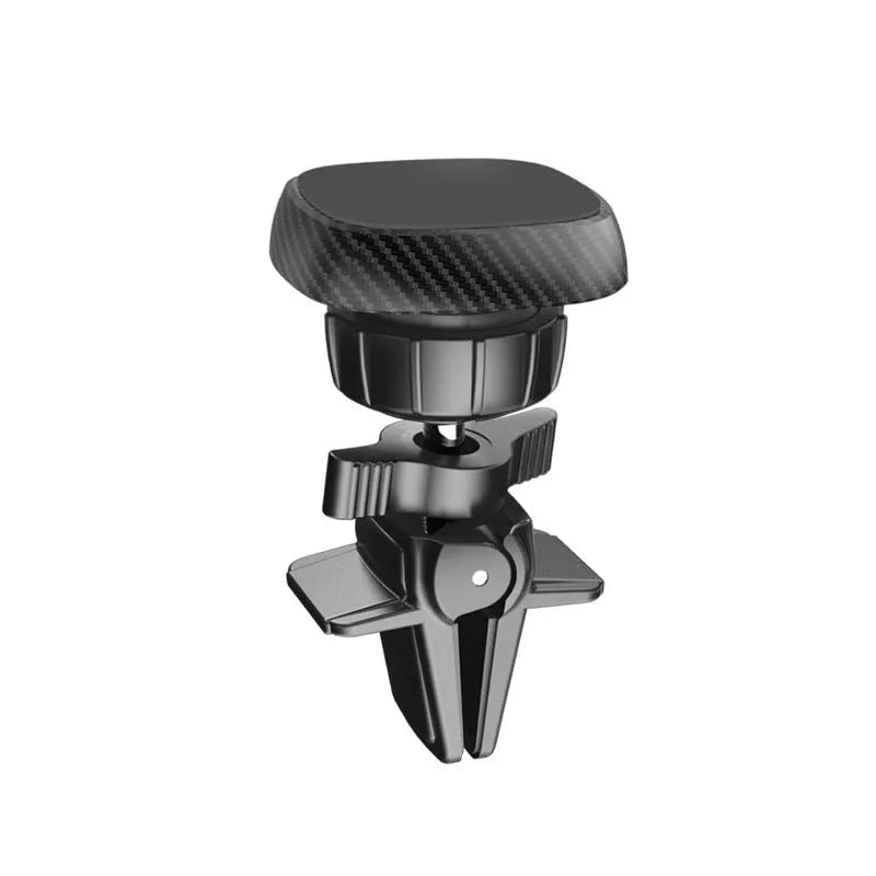 Black magnetic car phone holder attached to a car air vent, showing round and square head style options.