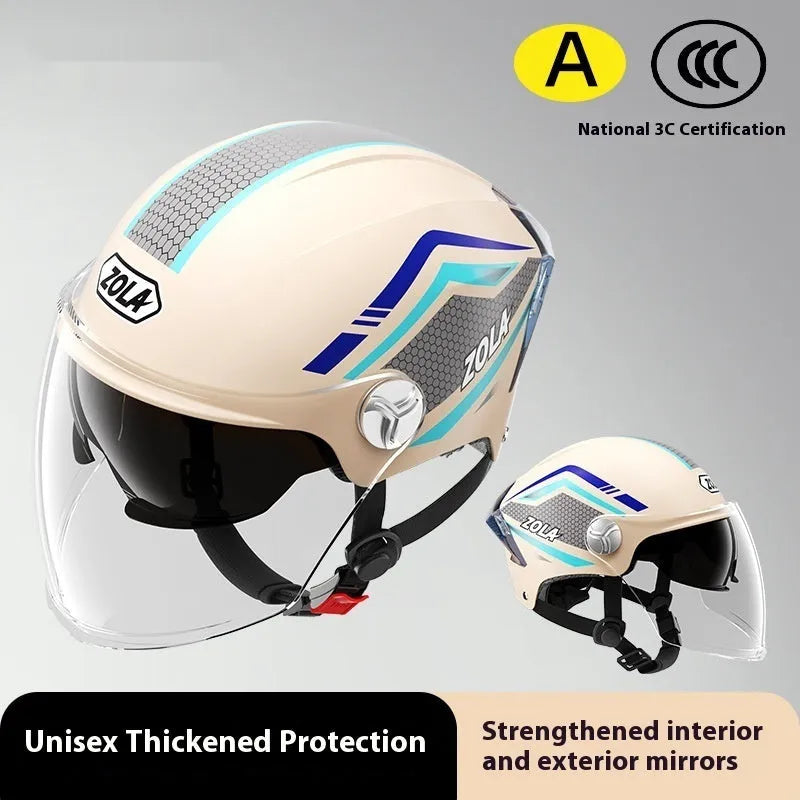 Motorcycle half helmet with double mirror visor in ABS construction, showing universal fit design