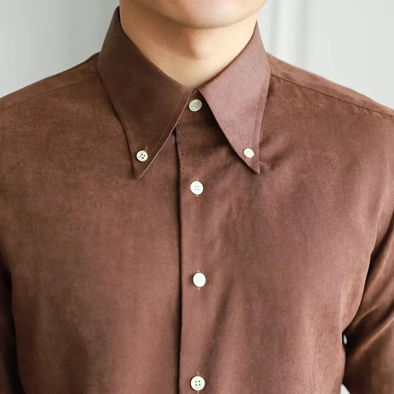 Men's pure color artistic lazy trendy shirt in cotton blend, brown, front view