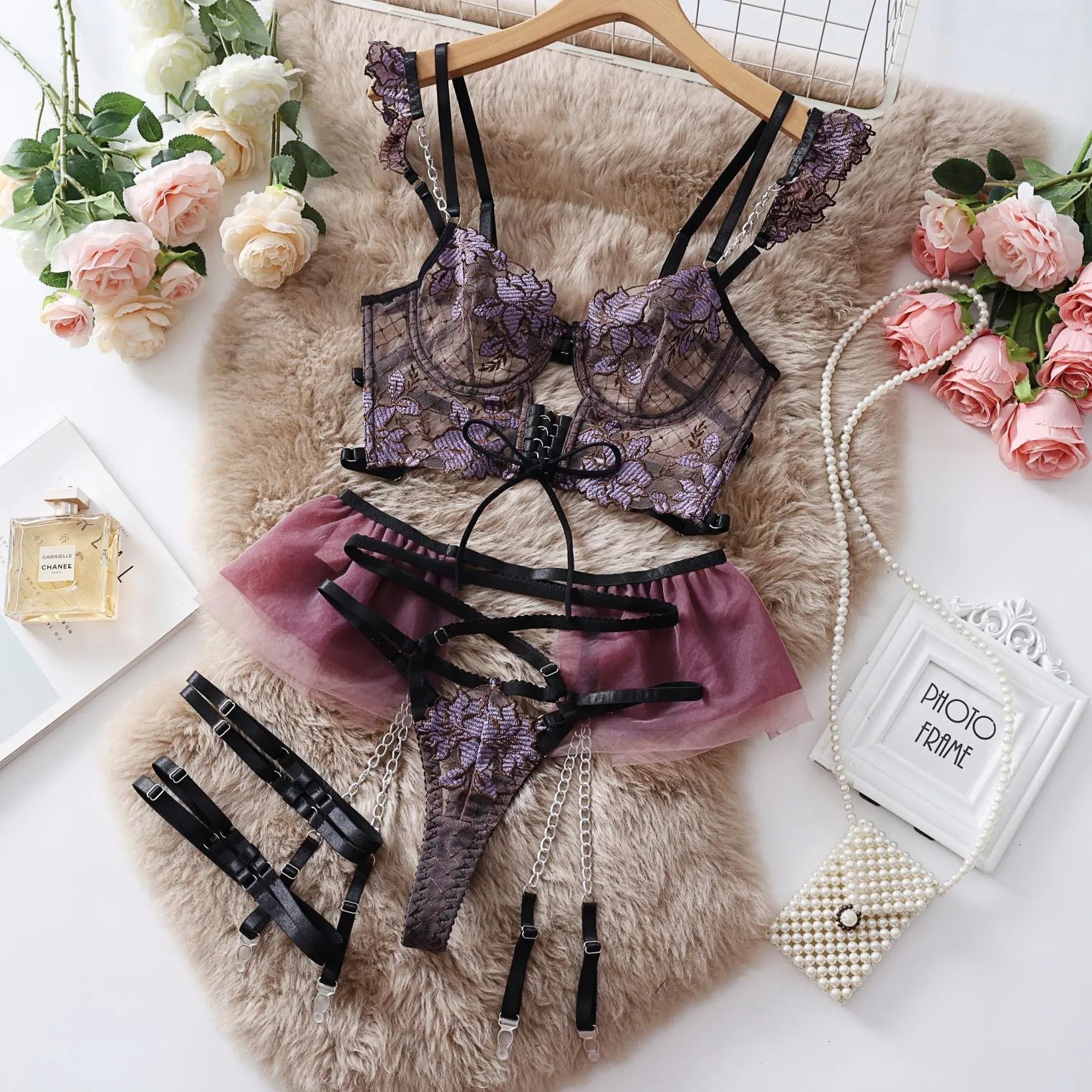 Women's light blue embroidered lace push up bra set with transparent mesh design