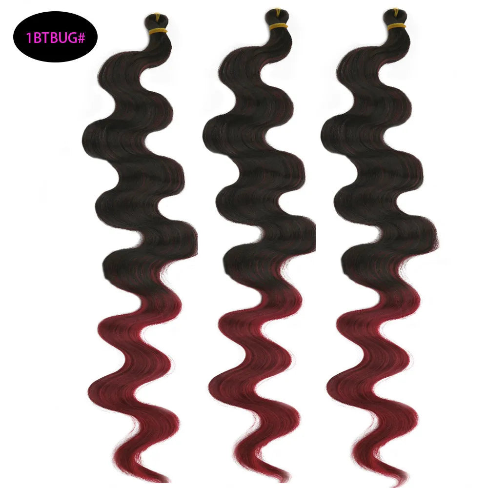 Long wine red synthetic wig with big waves, shown as a 24-inch crochet hair extension.