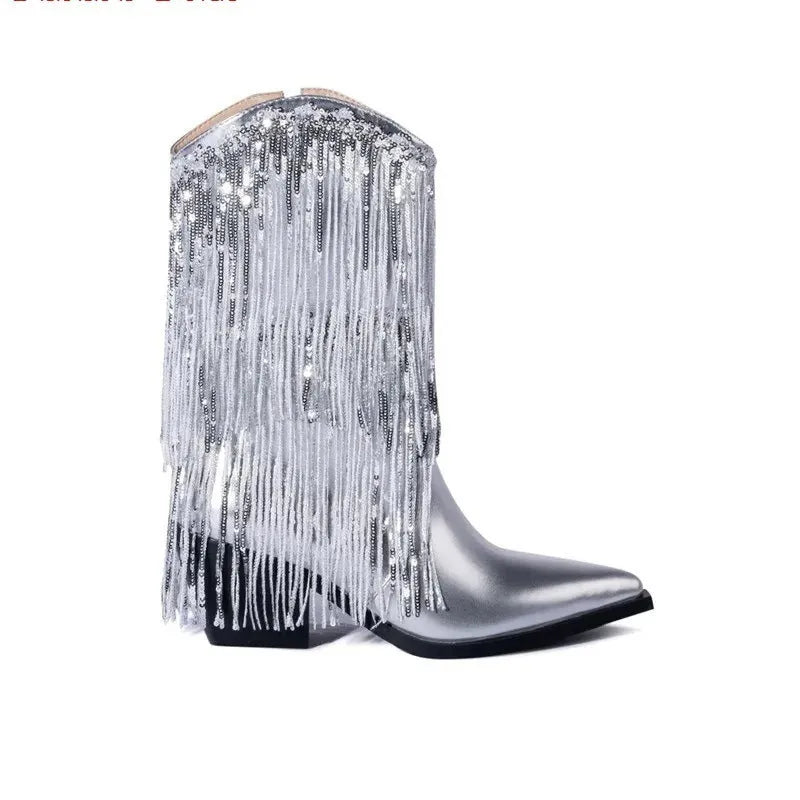 Women's chunky heel tassel boots with over 8cm stiletto heels, PU upper, and mid-calf height