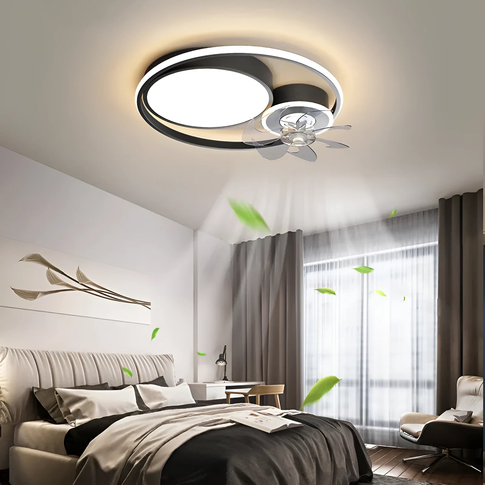 48cm Nordic style ceiling fan light with metal blades and acrylic lampshade in black finish