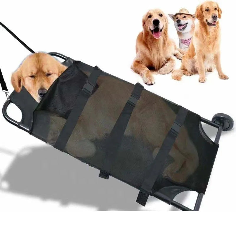 Large black foldable aluminium pet stretcher for emergency dog transport with collapsed frame