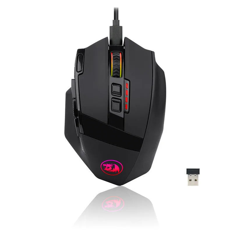 Black Redragon M801P dual-mode wireless and wired gaming mouse on a desk